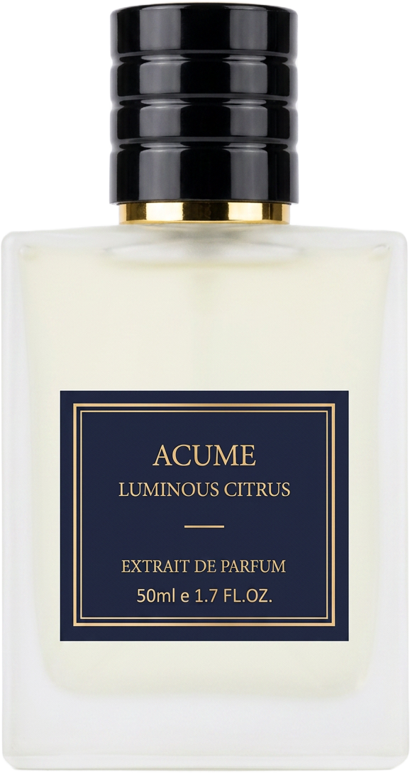 Acume extrait de parfum in a frosted glass flacon with a black ribbed cap and navy label